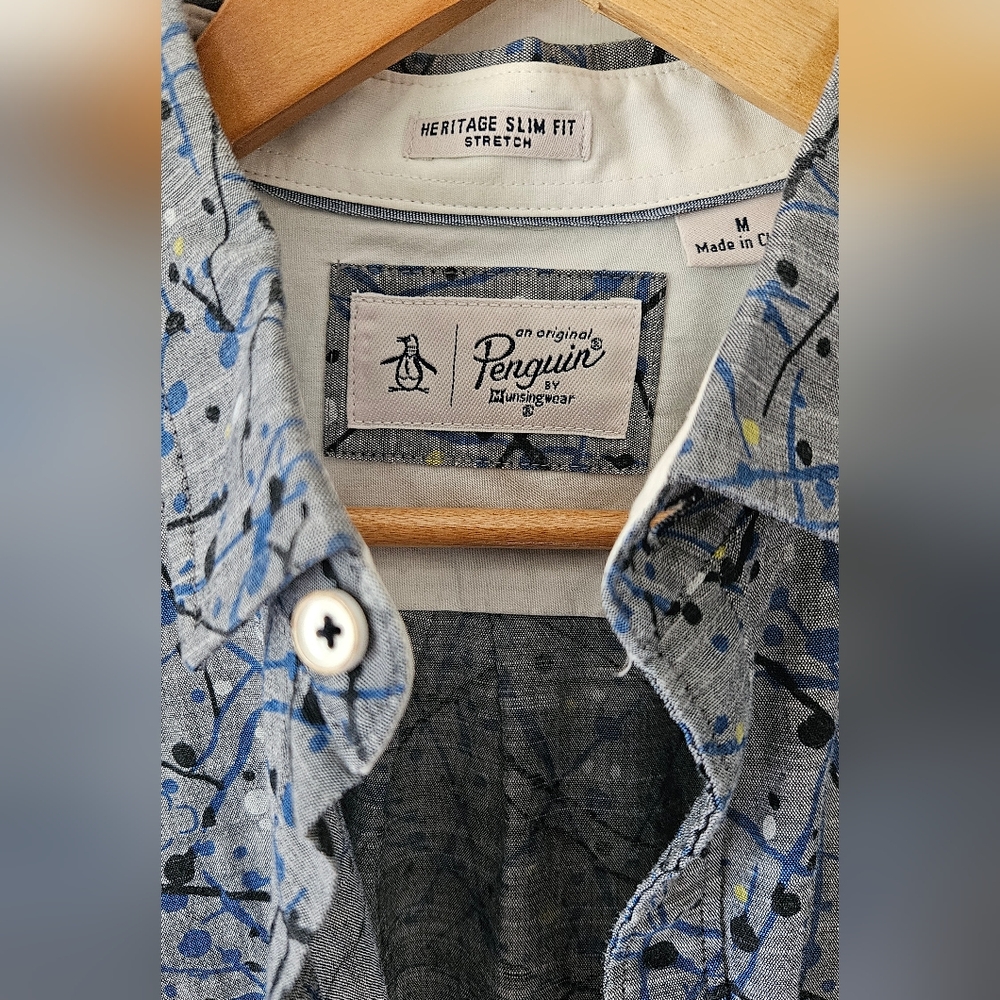 Original Penguin Blue Splattered Patterned Shirt Heritage Slim Fit Stretch Med